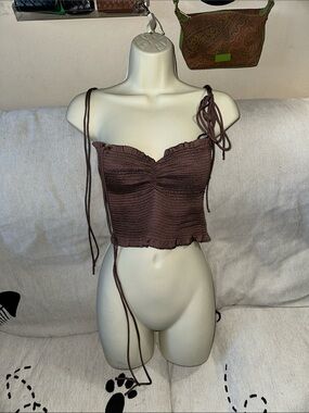 Reset Brown Smocked Tie-Strap Crop Top size Medium New